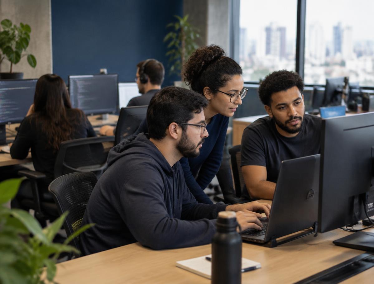 Equipe de tecnologia trabalhando em computadores