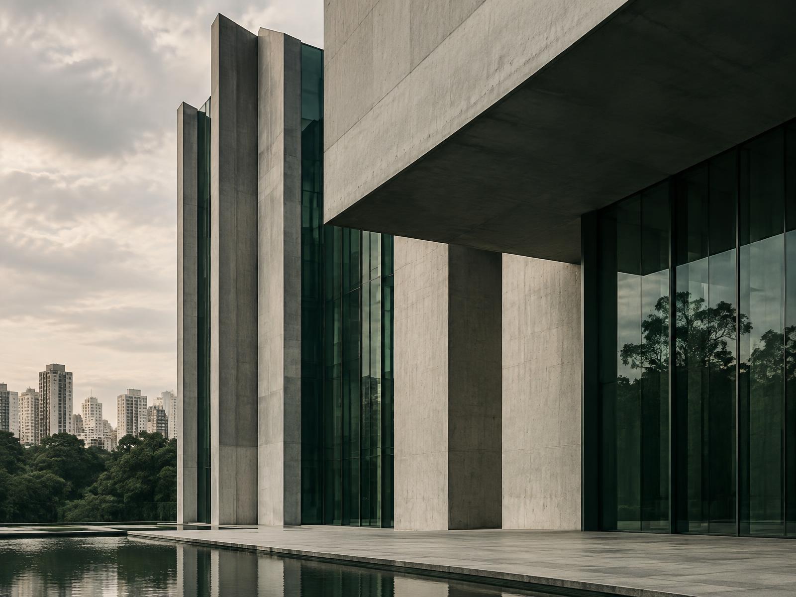 Arquitetura modernista com linhas estruturais precisas